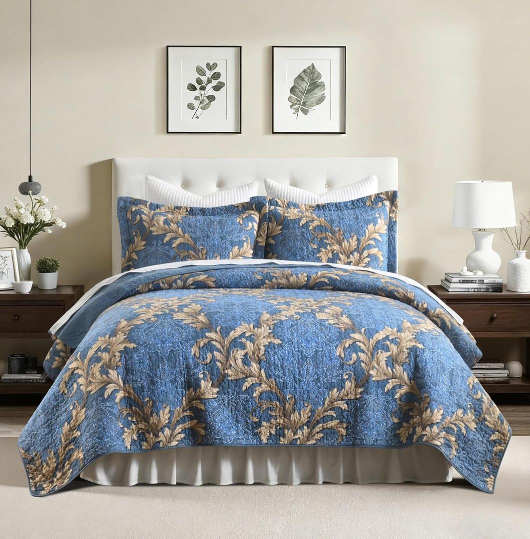 King Quilt Set 100% Cotton Blue Damask Floral Bedspread, Classic European Style Reversible Quilt Bedding Set 3 Pieces, Lightweight All Season, Dark Blue & Brown