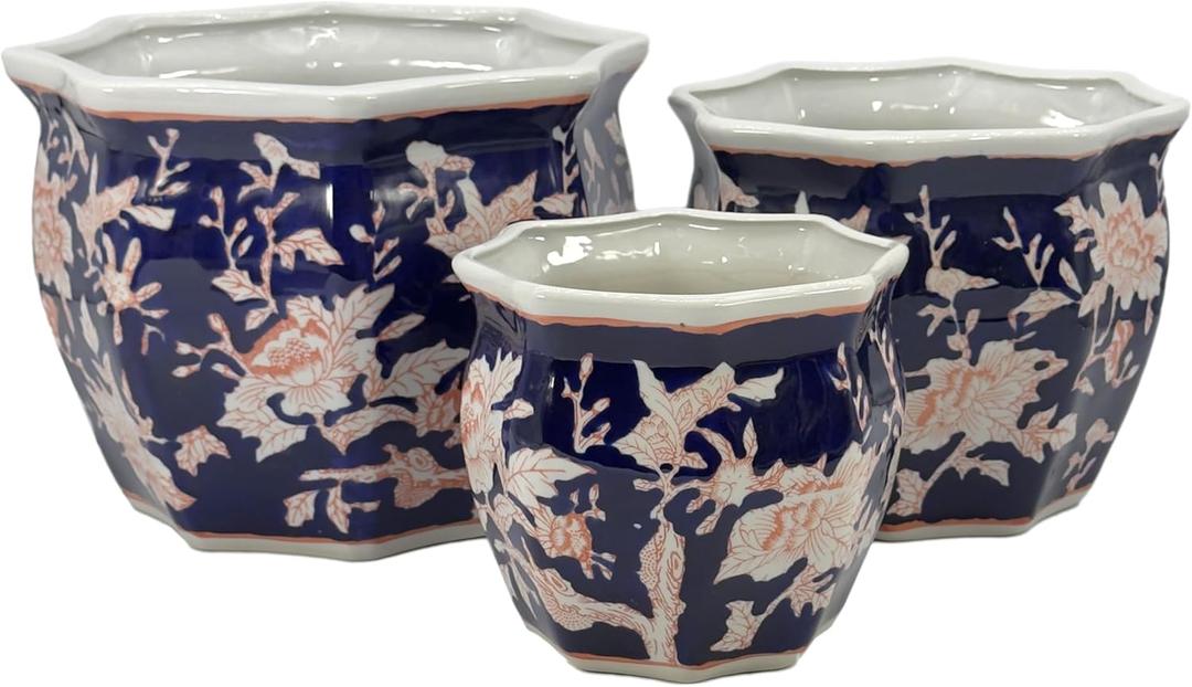 Galt International Blue & Pink Round Fluted Floral Porcelain Ceramic Plant Flower Planter Pot Set of 3 (7.5", 10", 13") Garden Pots Chinese Asian Design