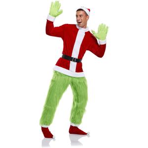 Adult Green Christmas Monster Santa Costume with Mask 7 PCS Deluxe Funny Cosplay Outfit Set Include Mask (Adult-XXL/XXXL)