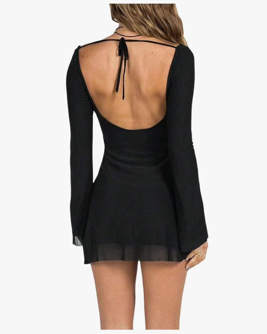 Women's Open Back Long Sleeve Mesh Mini Dress Sexy Boat Neck Flared Hem Short Dresses size L