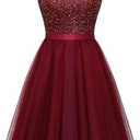 BeryLove Women's Short Sequin Party Dress Sleeveless Boat Neck Prom Wedding Homecoming Dresses for Teens Cocktail Evening Dresses S002 Burgundy XL