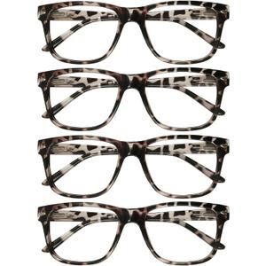 4 Pack Reading Glasses with Spring Hinges, Rectangle Readers for Women Men, Grey Tortoise*4, 2.0 x