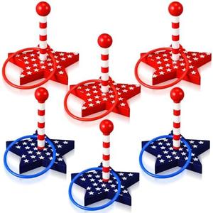 Leitee 6 Set Patriotic Party Games 4th of July Star Ring Toss Games Include Wooden Star Peg Targets, Plastic Toss Rings for Independence Day Party Outdoor