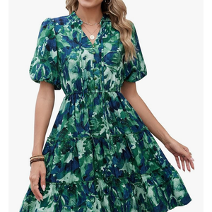 BTFBM Women Summer Floral Short Dresses V Neck Short Sleeve Tiered Ruffle Boho Swing Dress A-Line Mini Dresses Size XL