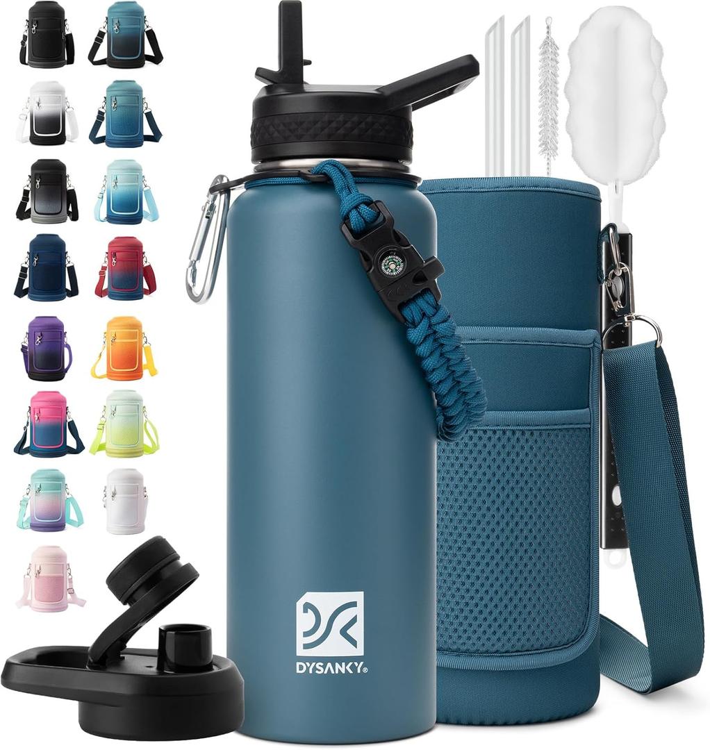 Insulated Water Bottle | Thickened Stainless Steel Vacuum Metal | Portable Sports Water Jug for Gym and Hiking with Straw, Carrier Bag, Handle Strap | BPA-Free 40 oz (Indigo)