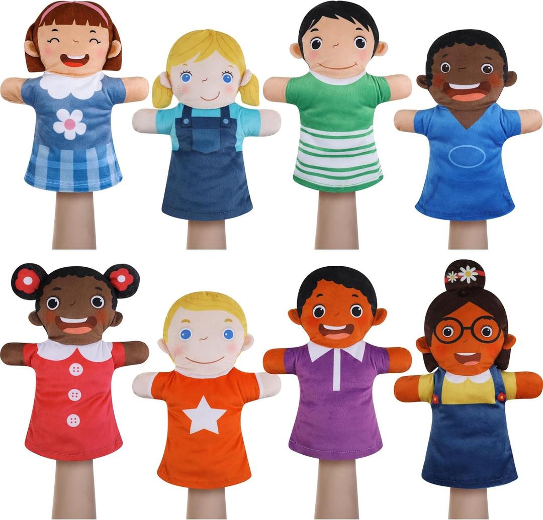 Poen 8 Pcs Hand Puppets Set for Kids Multicultural Hand Puppets Bulk Soft Plush for Toddlers Learning Interaction Suitable for Home Daycare School Classroom Role Play Fantoccini Theater Shows(Smile)