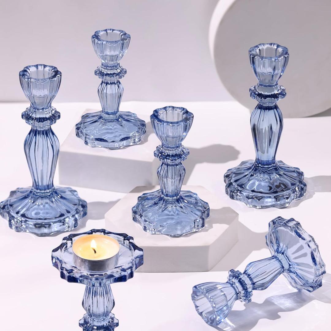 Blue Candlestick Holders Set of 6, Taper Candle Holders, 4.3" H & 6.3" H Glass Candle Holder for Candlesticks & Pillar Candles, Candle Holder for Table Centerpieces and Wedding Decor