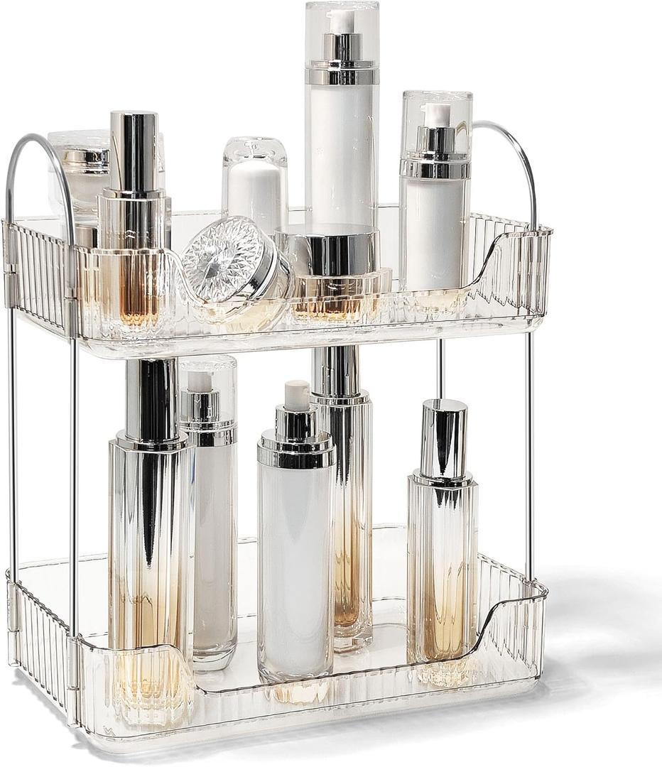 Bathroom Counter Organizer Countertop Storage Skincare Countertop Makeup Organizer Cosmetics Skincare Organizers Holder for Perfume-Clear white-silver pole (11.8" x 6.7" x 12.8")