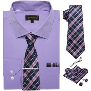 DiBanGu Mens Long Sleeve Dress Shirt and Tie Set Casual Botton Down Shirts for Men Solid Business Shirt with Matching Tie, Lilac Shirt and Pink Tie, X-Large
