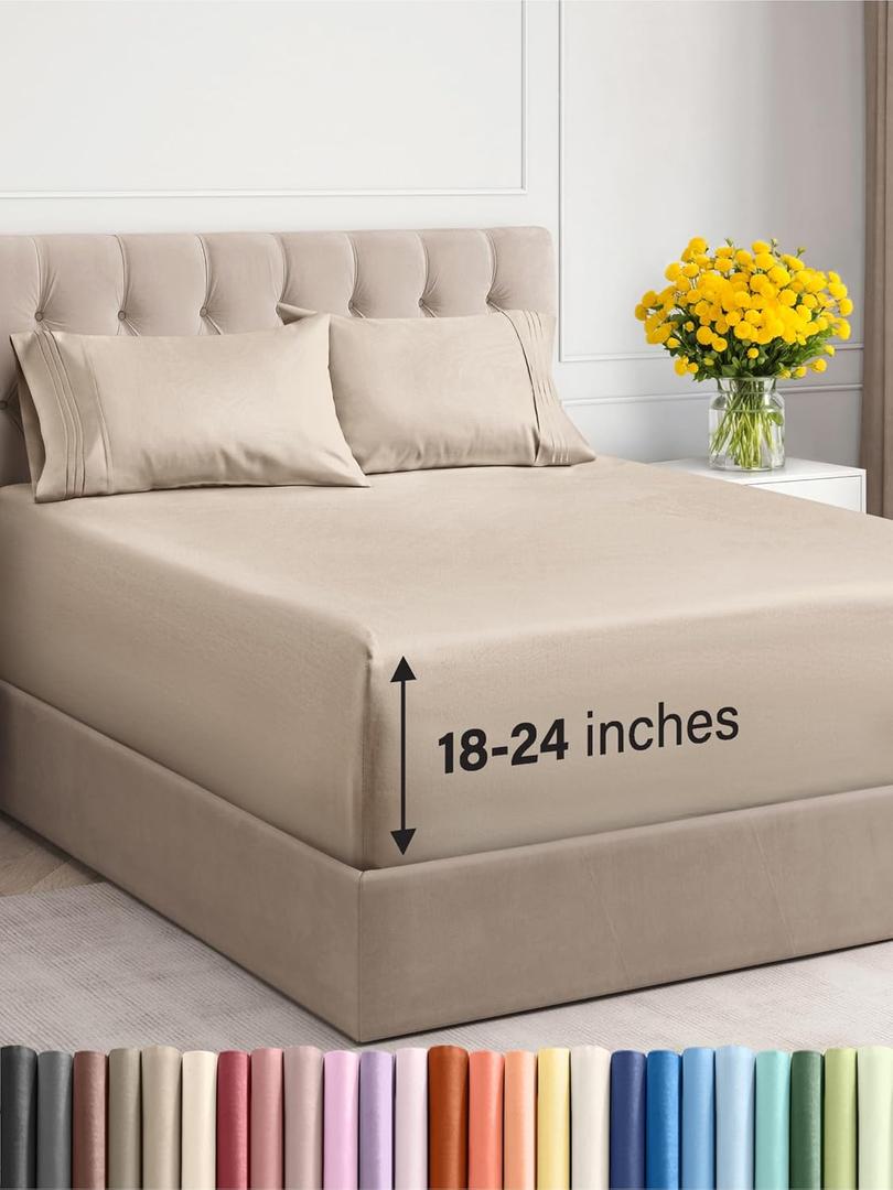 Extra Deep Pocket Queen Sheets - 4 Piece Breathable & Cooling Bed Sheets - Hotel Luxury Bed Sheet Set - Soft, Wrinkle Free & Comfy - Easily Fits Extra Deep Mattresses - Deep Pocket Wheat Sheets Set (Queen, 13 - Wheat)