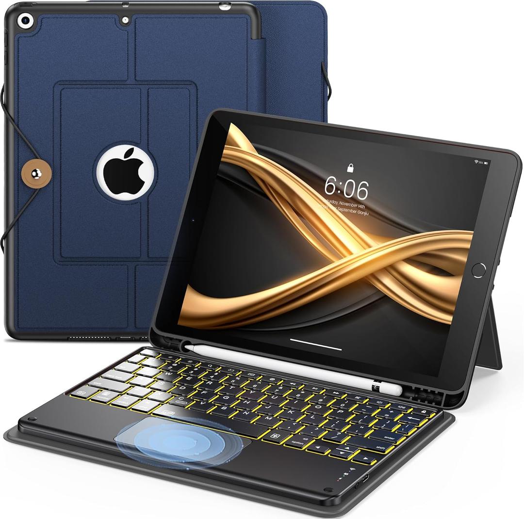 INFILAND Keyboard Case for iPad 9th/8th/7th Generation 10.2 Inch, 7-Color Backlight & High Precision Trackpad, Slim Detachable Folder Style Keyboard Case with Pencil Holder (04-Navy)