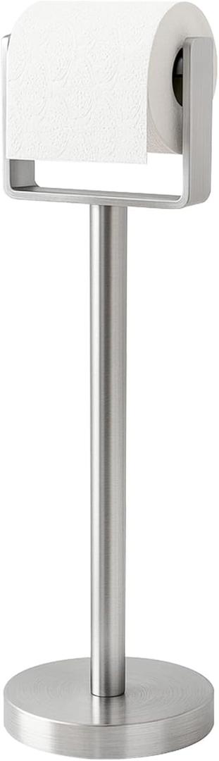 YUMORE Toilet Paper Holder Free Standing, Stainless Steel Toilet Paper Stand, Weighted Base Floor Tissue Roll Holder for Bathroom, Brushed Nickel 200UP
