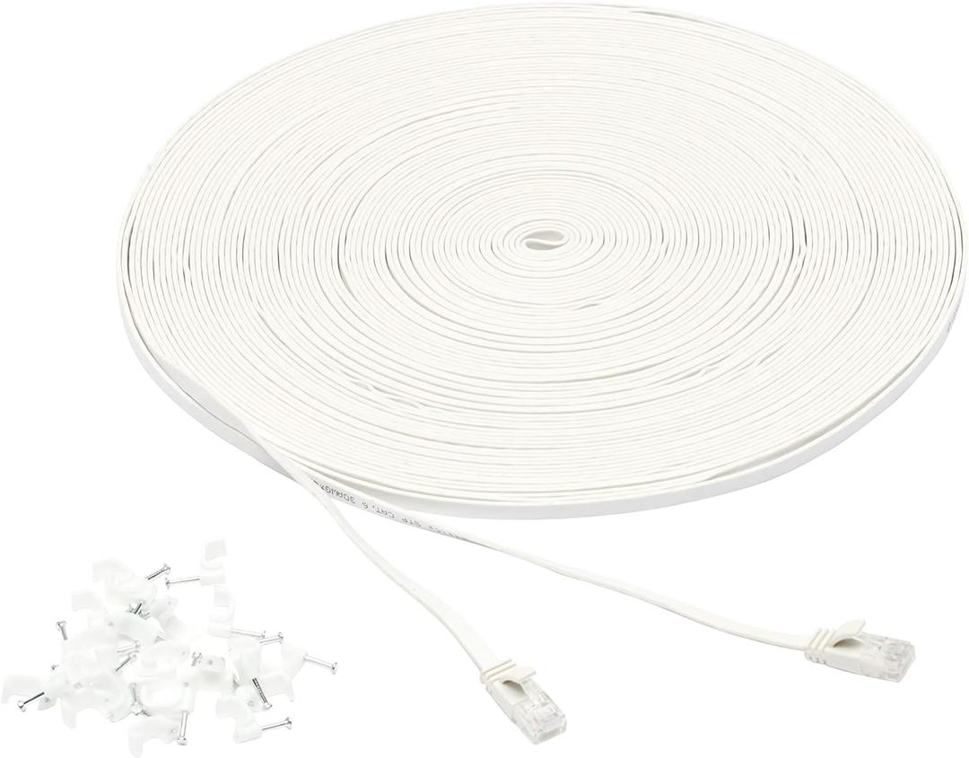 Amazon Basics Cat 6 Ethernet RJ45 10Gbps Flat Network Cable, 100ft Snagless with Gold-Plated Connectors, Outdoor & Indoor Solid Patch Cord with Clips for Router, Modem, Gaming, Computer, White