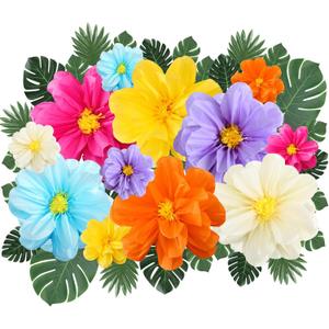 Watersay 42 Pcs Tissue Paper Flowers Faux Palm Leaves Set 12 Pcs 20''/10'' Colorful Giant Paper Flowers and 30 Pcs Tropical Leaves for Summer Hawaiian Luau Mexican Fiesta Birthday (Bright Colors)