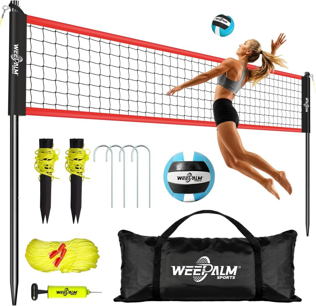 32 FT Volleyball Net Set for Backyard & Beach | Includes volleyball, pump, boundary lines, guide ropes, stakes and carry bag; 8, 7.8 and 7.4 FT settings for outdoor play