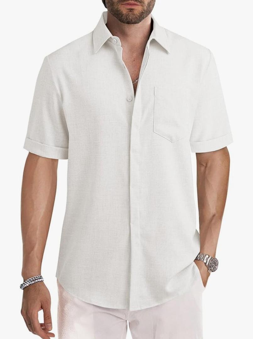 JMIERR Men's Casual Stylish Short Sleeve Button-Up Striped Dress Shirts Cotton Beach Shirt L