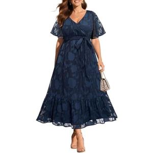 Pinup Fashion Plus Size Dresses for Wedding Guest - 2025 Cocktail Semi Formal Summer Wrap V Neck Maxi Dress Size 26W, Navy Blue 