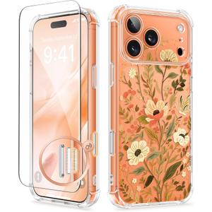 GVIEWIN for iPhone 17 Pro Case with Screen Protector, Upgraded [Full Camera Protection] [Non Yellowing] Floral Slim Shockproof Clear Women Phone Cover for iPhone 17 Pro 6.3" (Petite Blooms/Golden)
