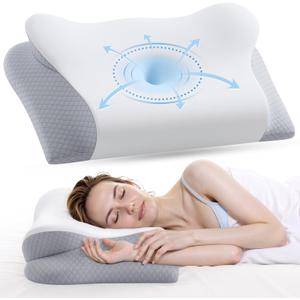 Memory Foam Neck Pillow - Ergonomic Contour Cervical Neck Pillow for Side Back Stomach Sleepers, 2-in-1 Orthopedic Neck Support Pillow with Cooling Pillowcase