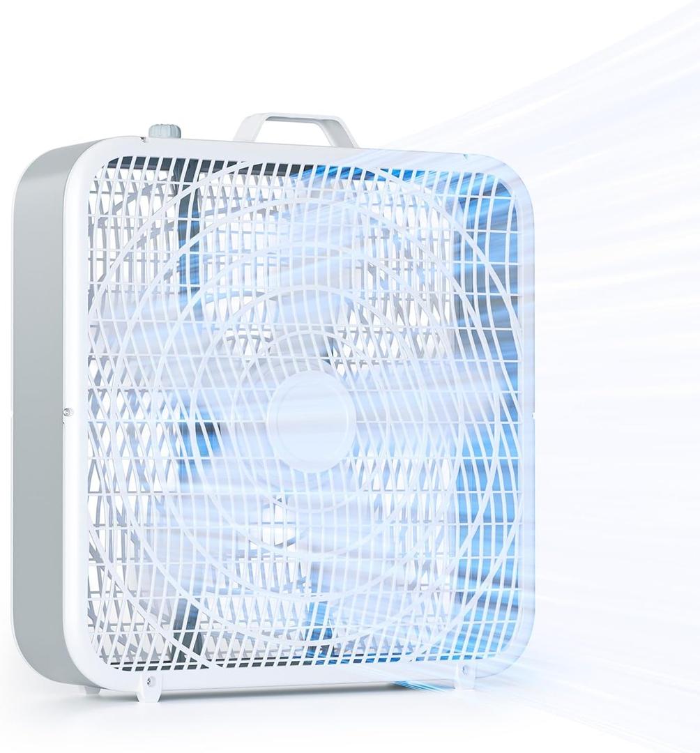 Simple Deluxe 20 Box Floor Fan, 3-Speed Cooling Fan with Aerodynamic Shaped Fan Blades, Convenient Carry Handle and Safety Grills, White