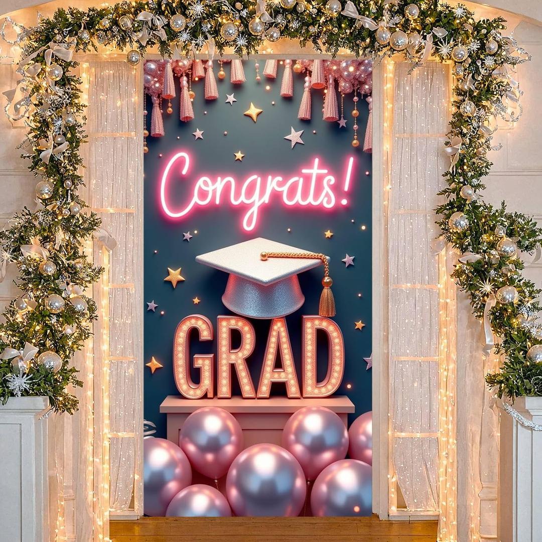 Congrats Drad Door Cover for Front Door Graduation Party Backdrop with String, Colorful Balloon & Grad Cap Graduation Door Decor for Class of 2026 Graduation Photo Booth Background(Pink Gold B)
