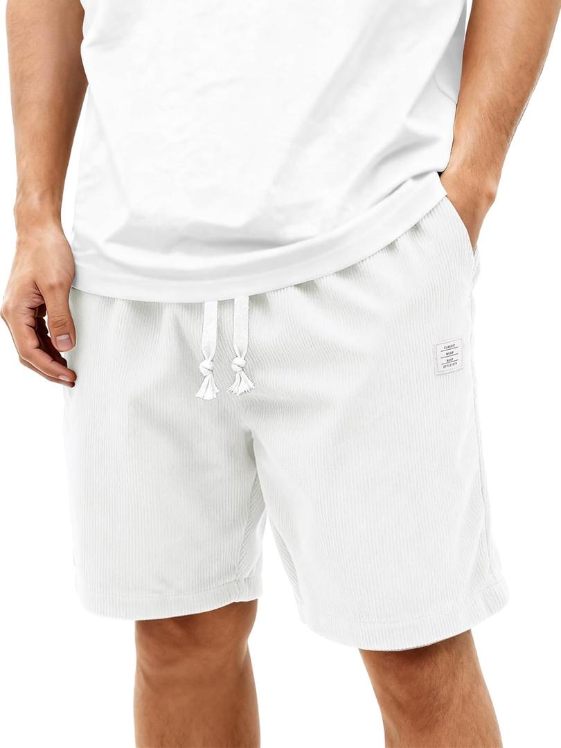 HOTake Mens Corduroy Shorts Casual 7 Inch Elastic Waist Drawstring Summer Beach Loose Fit Shorts (X-Large, A2-white)