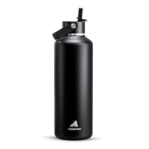 POWCAN 32oz Stainless Steel Slim Water Bottle: Sweatproof, Flex Cap, Lightweight, Standard Mouth, Top Handle, Vacuum Insulated Flask with straw for Office, Home, Commute, Workouts (Midnight Black)