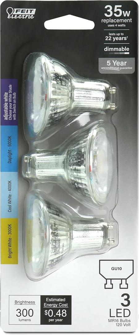 Feit Electric MR16 LED Reflector Light Bulb, 35W Equivalent, Dimmable, GU10 Base, 90+ CRI, 300 Lumen, Adjustable Color Temperature Track Lighting, 25,000-Hour Lifespan, BPMR16GU10353CCTCA/3, 3-Pack