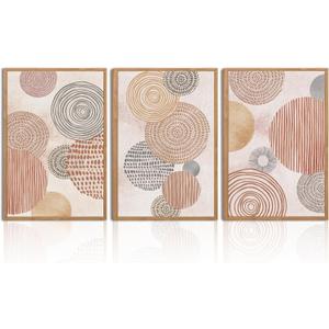BINCUE Mid Century Modern Wall Art Decor, Boho Geometric Minimalist Wall Art with Framed Abstract Farmhouse Canvas Bohemian Wall Hanging Painting Decor 16x24 Inch 3 Pieces