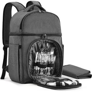 Picnic Backpack & Accessories - Picnic Set for 2 Person with 2 Insulated Cooler Compartment, Lightweight Blanket and Cutlery Set, Perfect for Wedding Gifts for Couples and Bridal Shower Gifts (Gray)