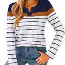 SOFIA'S CHOICE Striped Shirt Women Basic Casual V Neck Long Sleeve T Shirts Deep Blue White, Small 