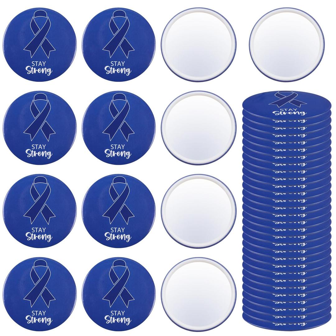 CORNER LACE 30pcs Colon Cancer Awareness Compact Mirrors, Blue Ribbon Abuse Prevention Heart Stress Cancer Awareness Favor Portable Pocket Mini Mirrors Bulk for Public Charity Fundraisers Event