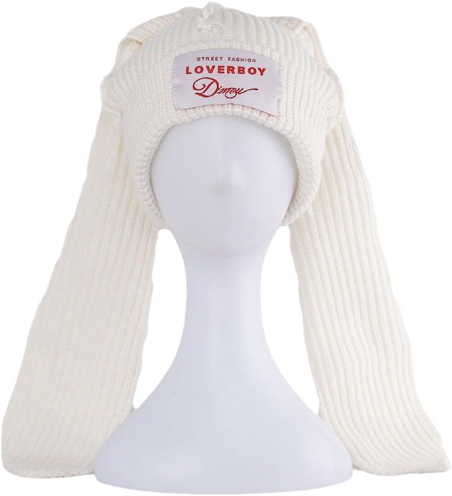 Cat Ear Beanie Cat Ear Hat Y2k Hat for Women Men Unisex Knit Beanies Soft Slouchy Warm Crochet Cap (Bunny & White)