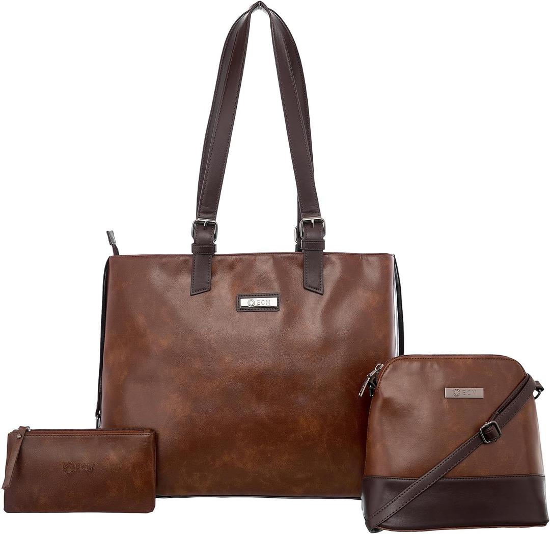 ECM 3pcs Vegan Tote Set for Women-Stylish Top Handle Laptop Bag Purse Sling Handbag Cosmetic Pouch bag-Travel Work Leisure