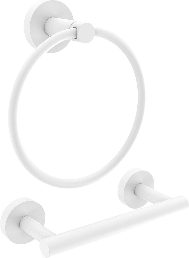 White Toilet Paper Holder & Towel Ring SUS304 Stainless Steel 2pc Bathroom Hardware Set with Double Post Pivoting Toilet Paper Roll Holder Wall Mount & Bathroom Towel Holder Set