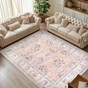 jinchan Fiora 8x10 Area Rugs for Living Room - Machine Washable Vintage Floral Distressed Design Stain Resistant Boho Carpet Low Pile Non-Slip Rug for Bedroom Dining Room Home Office (8‘x10', Pink)