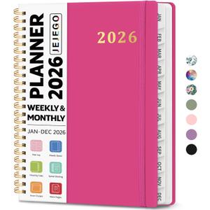 2026 Planner, Weekly and Monthly Calendar Planner Book, January 2026 - December 2026, Hardcover Spiral Planner with Monthly Tabs, Notes Pages, Perfect for Women & Men, A5 (6.4" x 8.5") - Hot Pink