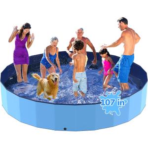 107'' Foldable Dog Pool, Kiddie Pool, Heavy Duty Non-Slip Plastic Pet Wading Pool for Large Dogs, Indoor and Outdoor Kids Pet Dog Bathtub