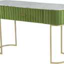 Benjara Jeah 47 Inch Console Table, 1 Drawer, Curved Iron Base, Fabric, Green, Gold and White