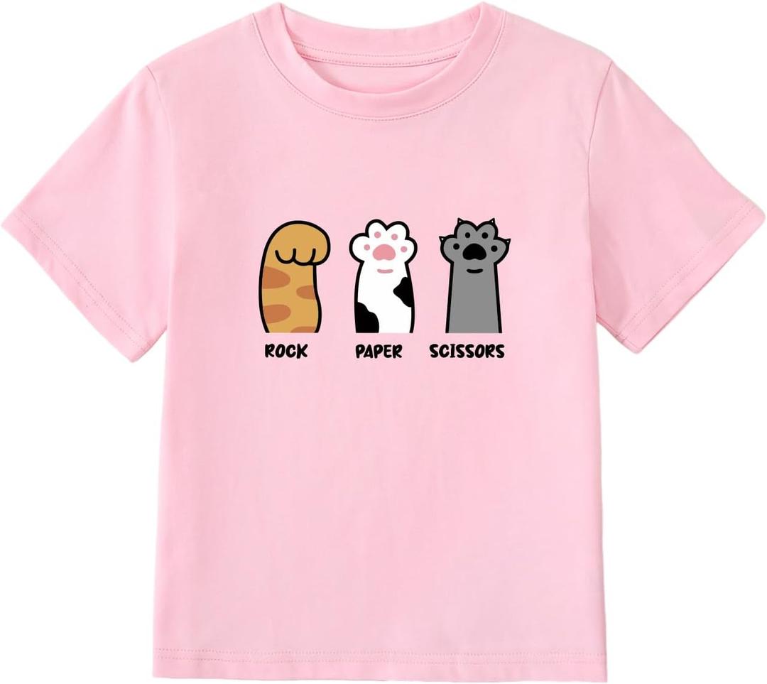Girl's Rock Paper Scissors Cute Paw Funny Cat T-Shirt Pink (15Y