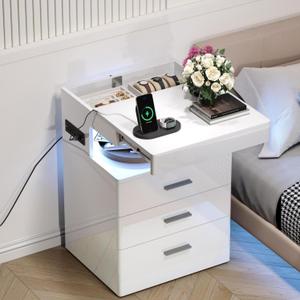 Treocho Led Nightstand with Hidden Space & Charging Station, 15.75 x 16.93 x 26.77 inch