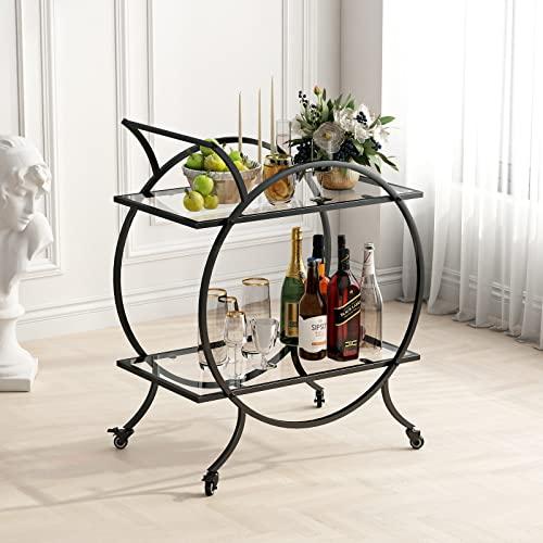LORMITER Industrial Bar Carts for The Home Bar Serving Cart, Rolling Bar Cart Black with Lockable Caster Wheels, Glass Bar Carts with 2 Mirrored Shelves, Storage Wine Carts for Kitchen, Party