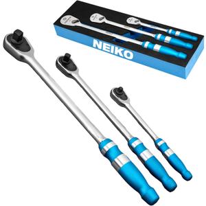 NEIKO 03006A Flat Head Ratchet Set - 3 Piece Low Profile 1/4, 3/8, 1/2 Inch Drive, 90 Teeth, Anodized Textured Grip Handle, Long Handle, Sealed Head, Cr-Mo