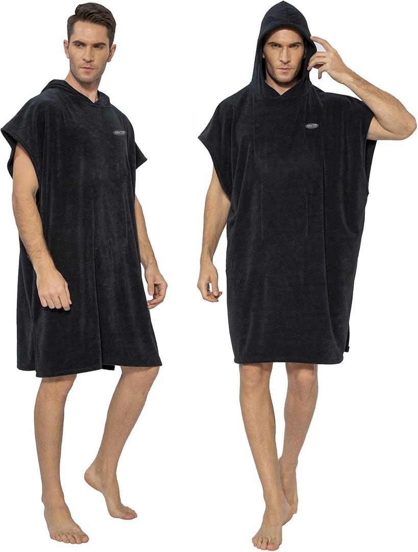 MWTA Surf Poncho Change Robe with Hood Thick Microfiber Wetsuit Changing with Pocket for water Sports Men and Women (Black)