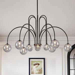 Modern 52" 12-Light Black Sputnik Chandelier with Smoke Glass Globe