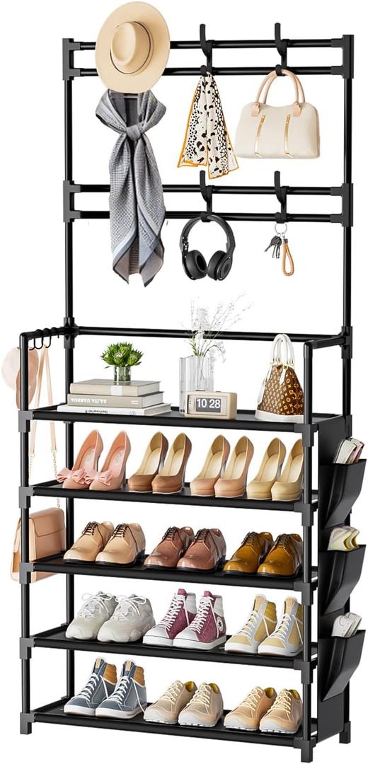 OYREL Shoe Rack 5 Tier Shoe Organizer Storage 15-20 Pairs Shoes Rack for Closet Entrance Shoe Rack Organizer with Hooks and Side Pocket Entryway Shoe Holder Space Saving Free Standing Shoe Racks