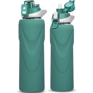 32 oz Sports Glass Water Bottle with Straw & Silicone Sleeve Reusable BPA-free Borosilicate Glass Drinking Bottle with Flip Top Lid & Handle Wide Mouth (Deep Green)