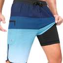 SILKWORLD Mens Swim Trunks with Compression Liner 9 Inch Long Bathing Suit 2 in 1 Beach Quick Dry Shorts with Pockets (Medium, Blue Gradient)