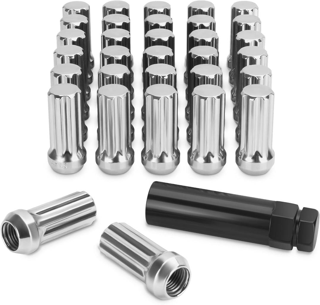 SUCOSO M14x1.5 Lug Nuts,32pcs 14x1.5 Chrome Wheel Nuts with Socket Key, 2 inches Tall Spline Conical Seat for Ford F250 Chevy Silverado 1500 GMC Sierra 2500/3500 Ram 2500-Fits 8 Lug Aftermarket Wheels