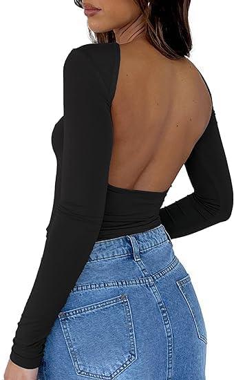 ForeFair Women Sexy Backless Short Sleeve Slim Fit Crewneck Summer Casual Y2K Crop Tee (Medium)
